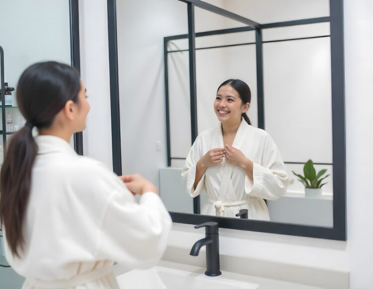 A Dark Haired Young Girl In A White Bathrobe In The Bathroom