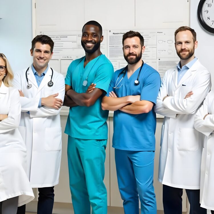 A Group Of Doctors And A Man In Blue Uniforms With A Stethoscope On Their Chest