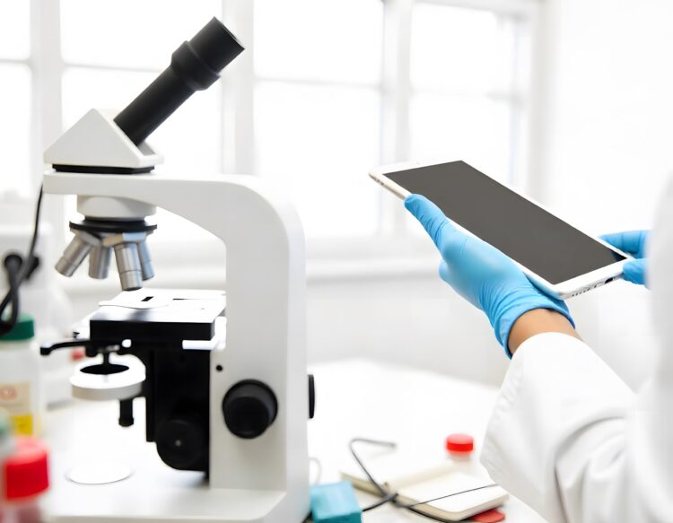 A Microscope With A Black Handle And A White Background