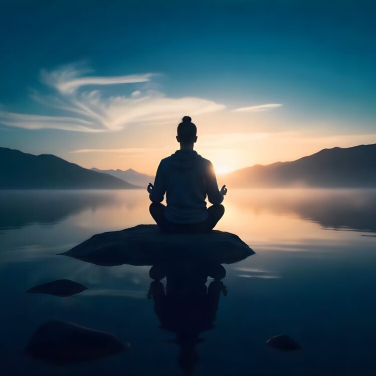 A Person Meditating On A Lake With The Sun Behind Them