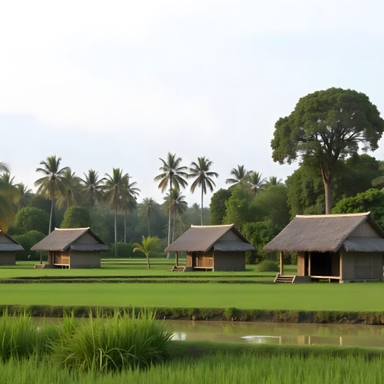 A Sunset Over A Rice Field With Houses In The Background.