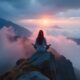 A woman finds serenity as she meditates on the summit of a magnificent mountain Young woman meditating at dawn on a mountain with panoramic views AI Generated