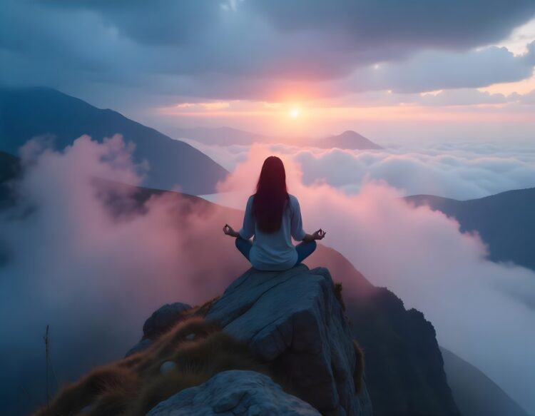 A Woman Finds Serenity As She Meditates On The Summit Of A Magnificent Mountain Young Woman Meditating At Dawn On A Mountain With Panoramic Views Ai Generated