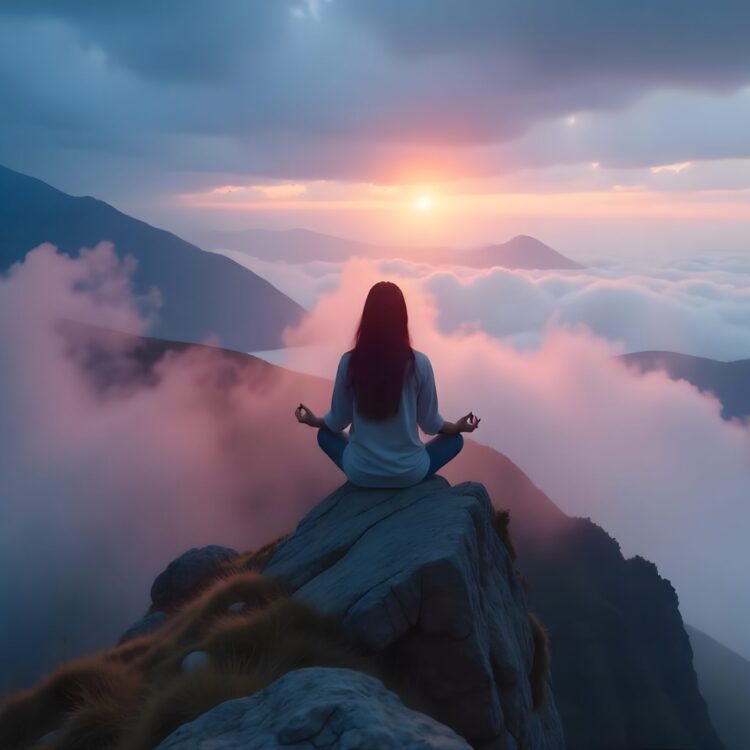 A Woman Finds Serenity As She Meditates On The Summit Of A Magnificent Mountain Young Woman Meditating At Dawn On A Mountain With Panoramic Views Ai Generated