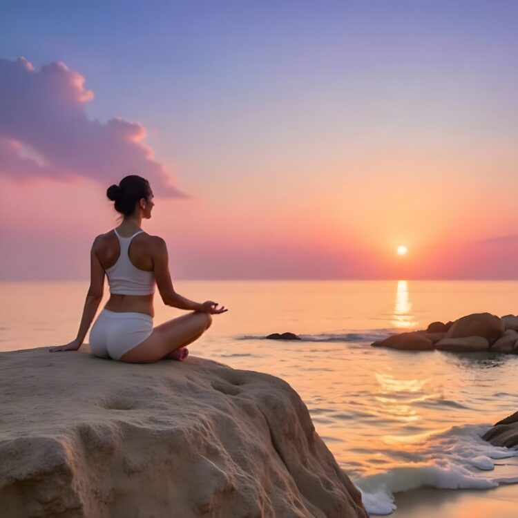 A Woman Meditating On A Beach At Sunset