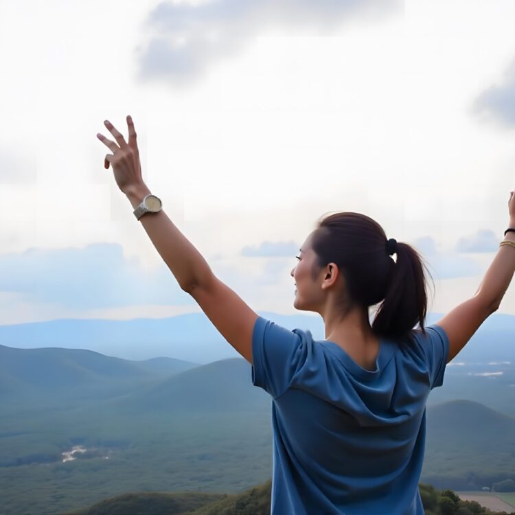 Amazing Woman Outdoors Raising Hands In Sunlight Rays.