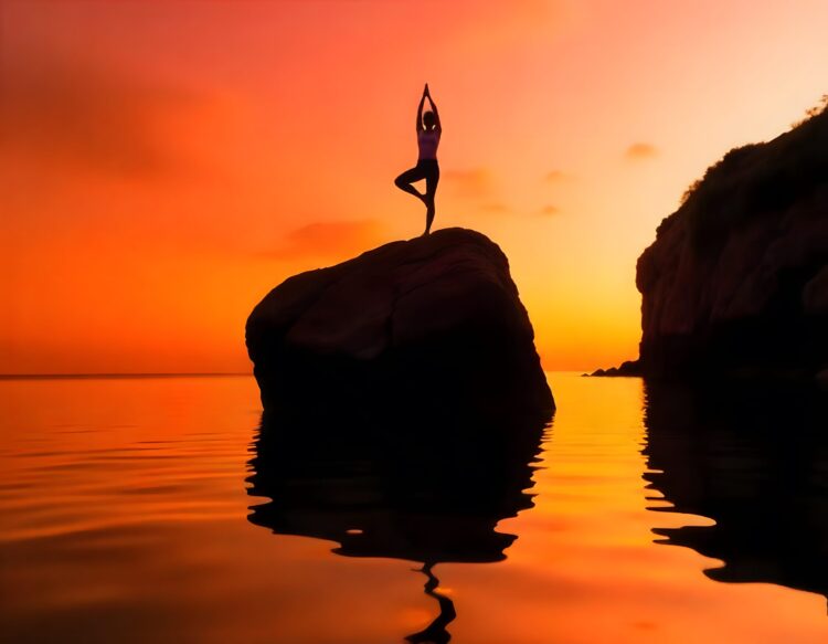 Asian Girl Practice Yoga On The Beach Sunrise Morning Day