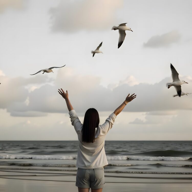 Back View Of Cheerful Young Asian Woman With Hands Up Raise Freedom Concept