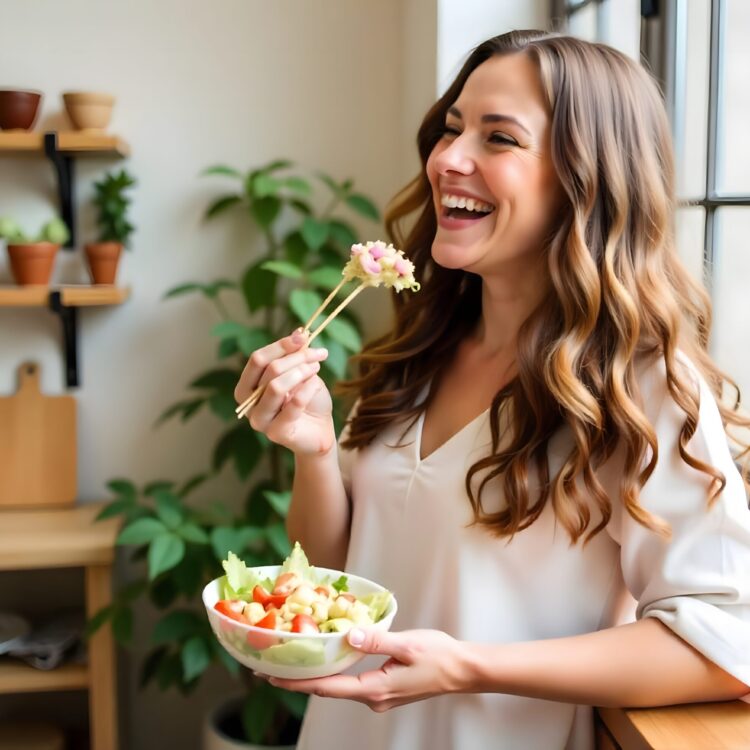 Cute Young Female With Toothy Smile Holding Green Salad Bowl.