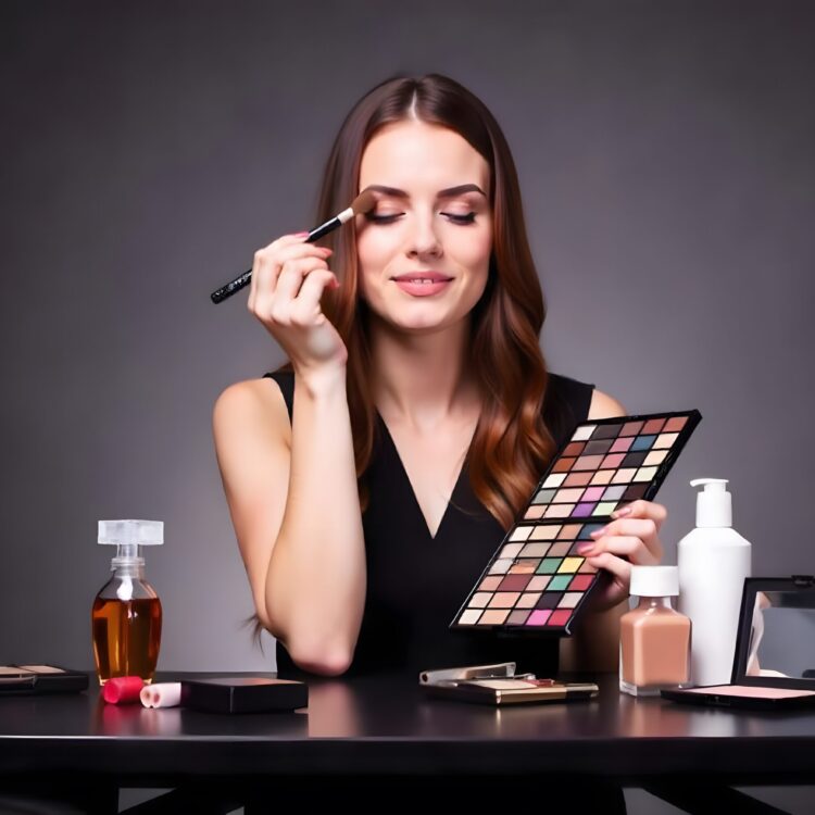 Female Beauty Blogger Recording Vlog Video On Smartphone At Home Online Makeup From The Bac