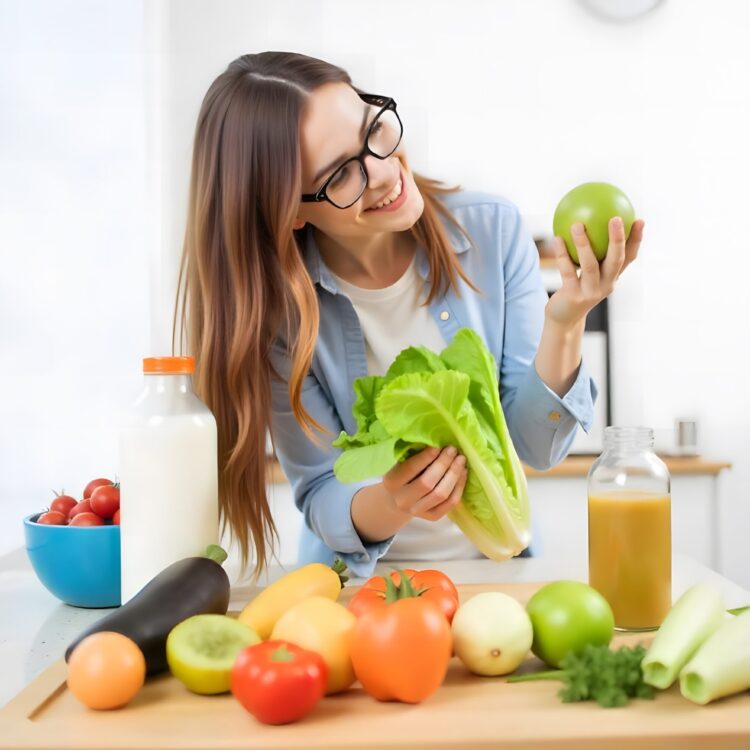 Happy Woman With Vegetables In Modern Kitchen