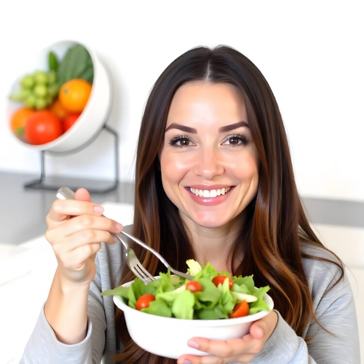 Happy Woman With Vegetables In Modern Kitchen