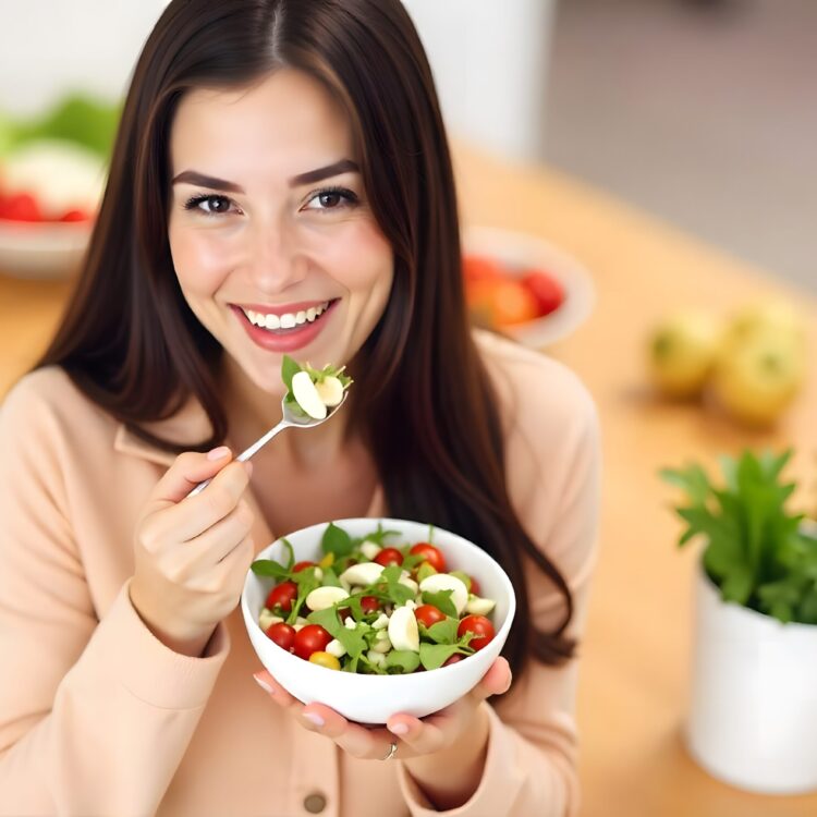 Happy Woman With Vegetables In Modern Kitchen