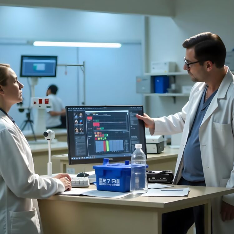 Medical Team Scientist Conducting Dna Experiments Looking In Computer Holding Test Tube With Blood Sample