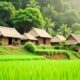 Nature landscape with vegetation and hut style house