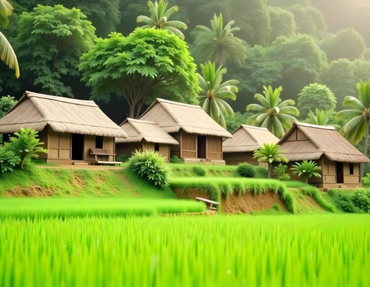 Nature Landscape With Vegetation And Hut Style House
