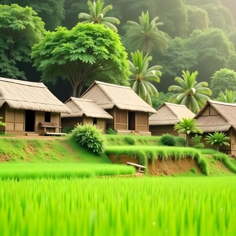 Nature Landscape With Vegetation And Hut Style House