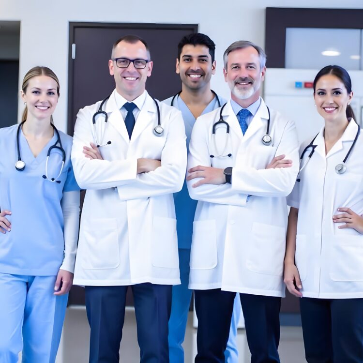 Portrait Of Medical Team Standing With Arms Crossed In Hospital