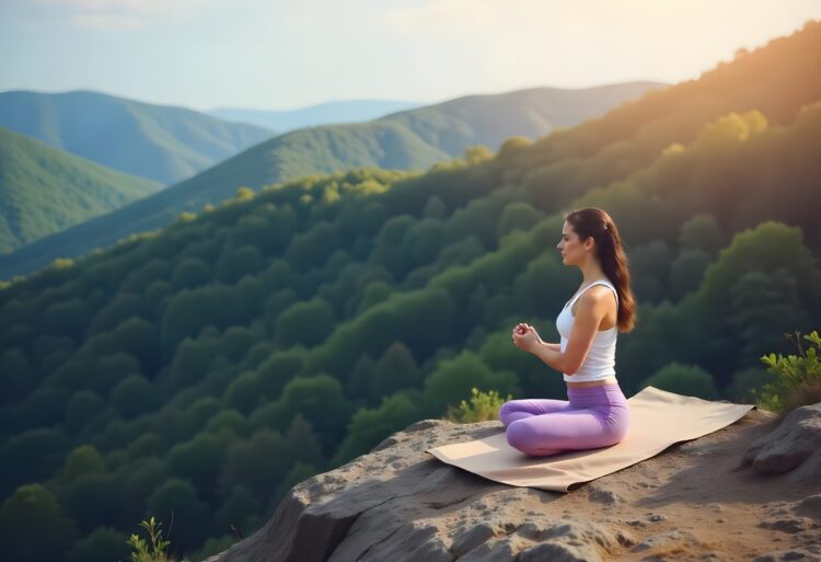 Practicing Meditation And Zen Energy Yoga In The Morning In The Mountains