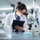 Woman tehnician lab doctor in white coat looking under microscope analysing various bacteria in laboratory