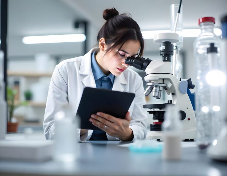 Woman Tehnician Lab Doctor In White Coat Looking Under Microscope Analysing Various Bacteria In Laboratory