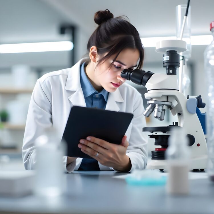 Woman Tehnician Lab Doctor In White Coat Looking Under Microscope Analysing Various Bacteria In Laboratory