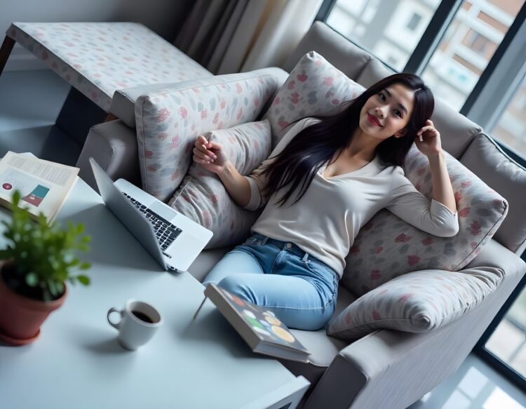 Young Girl Lying And Using Notebook Computer
